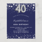 Budget 40. Geburtstag navy blauen Silber Einladung (Vorderseite)