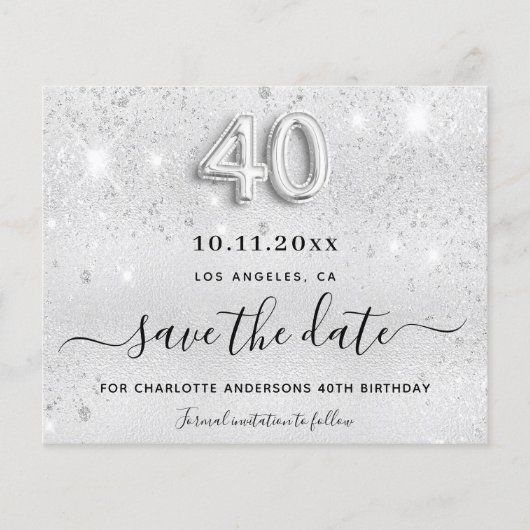 Budget 40. Geburtstag Silber Glitzer Save the Date (Vorderseite)