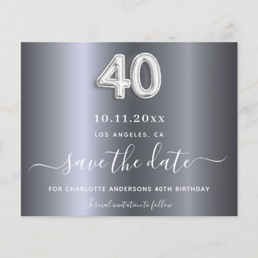 Budget 40. Geburtstag Silbermetall Save the Date (Vorderseite)