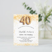 Budget 40. Geburtstag Weißgold Glitzer Einladung (Stehend Vorderseite)
