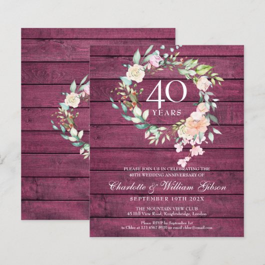 Budget 40 Jubiläum Rustic Ruby Wood Einladung (Vorne/Hinten)