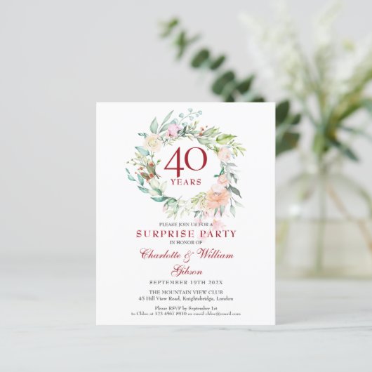 Budget 40 Jubiläum Überraschung Party Foto Einladu (Stehend Vorderseite)