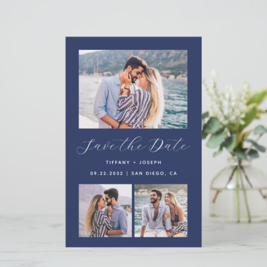 Budget 4 Foto Navy Blue Save the Date (Stehend Vorderseite)