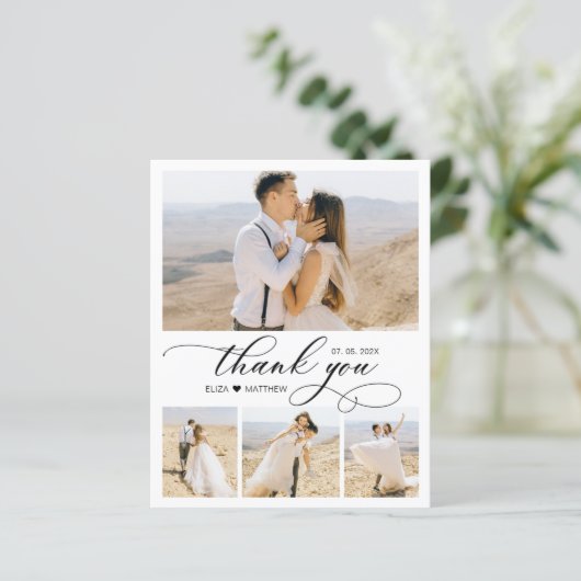 Budget 4 Foto Script Heart Wedding Danke Karte (Stehend Vorderseite)