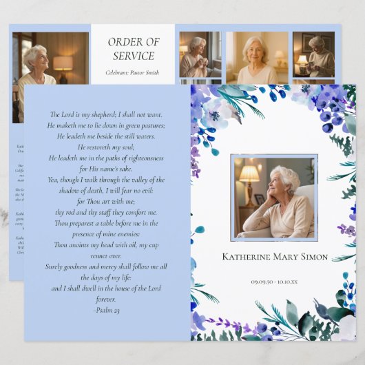 Budget 4 Seite Beerdigung Programm Soft Blue Flora (Vorne/Hinten)