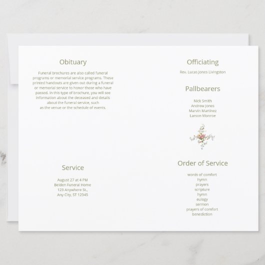 Budget 4-seitiges Tree Floral Beerdigung Programm (Rückseite)