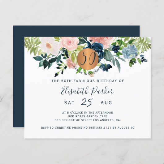 Budget 50. Blumengeburtstag Einladung (Vorne/Hinten)