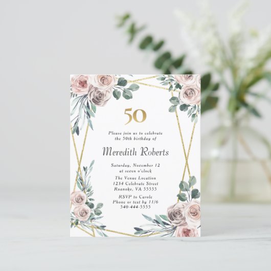 Budget 50. Geburtstag Blumengold Party Einladung (Stehend Vorderseite)
