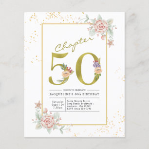 Budget 50. Geburtstag Floral Gold Schrift Einladun Flyer