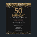 Budget 50. Geburtstag Glitzer Einladung Flyer<br><div class="desc">Eleganter Imitat Gold Glitzer mit schimmernden Konfetti Highlights auf der Ober- und Untergrenze. Alle Texte sind individuell einstellbar und lassen sich für Ihr eigenes Party leicht ändern. Großartiges elegantes 50. Geburtstagsgeschmacksdesign. Schwarz und Gold</div>