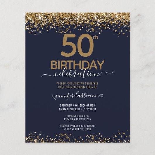 Budget 50. Geburtstag Glitzer Einladung Flyer (Vorne)