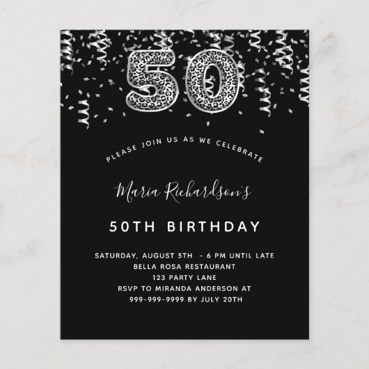 Budget 50. Geburtstag schwarz silber Leoparden Par (Vorderseite)
