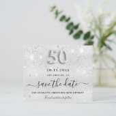 Budget 50. Geburtstag Silber Glitter Save the Date (Stehend Vorderseite)