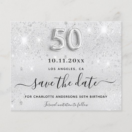 Budget 50. Geburtstag Silber Glitter Save the Date (Vorderseite)