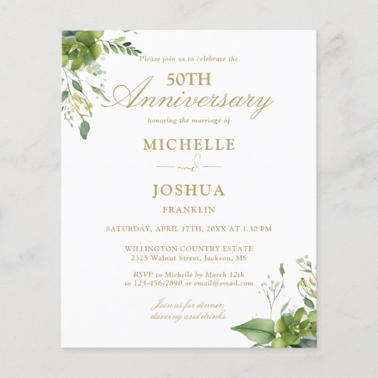 Budget 50 Jubiläum Greenery Monogram Einladung (Vorderseite)