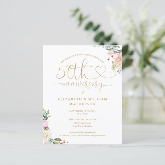 Budget 50 Jubiläum Herzflorale Einladung (Stehend Vorderseite)