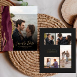 Budget 5 Foto Burgundy Gold Agate Save the Date<br><div class="desc">Die links Seite dieses eleganten, modernen Hochzeitsgeschehens bewahrt die Dattelkarte mit einem bordeauxroten Aquarellstreifen, der mit vergoldetem Imitat-Glitzer bestickt ist. Das benutzerdefinierbare Textüberlagerungssystem vereint goldfarbene Handschriftenschrift und Copperplate-Schriftart über ein Foto Ihrer Wahl. Ein Filter mit schwarzem Farbverlauf hilft, den Text zu Pop zu machen. Die Rückseite bietet Platz für vier...</div>