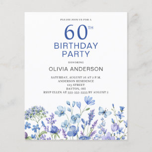 Budget 60. Geburtstag Blauer Flora Einladung Flyer