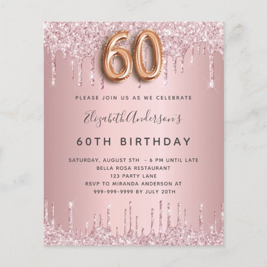 Budget 60. Geburtstag rosa staubige Rose Glitzer T (Vorderseite)