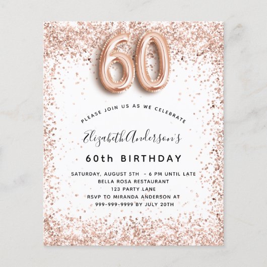 Budget 60. Geburtstag Rose Goldweiße Einladung (Vorderseite)