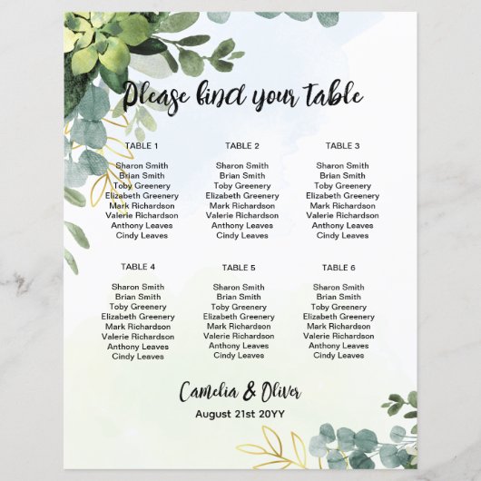 BUDGET 6 Table Wedding Seating Chart Green (Vorderseite)