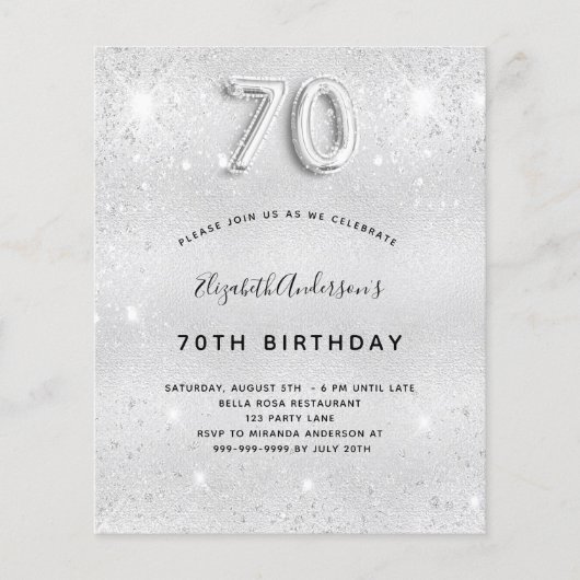 Budget 70. Geburtstag Silber Glitzer Einladung (Vorderseite)