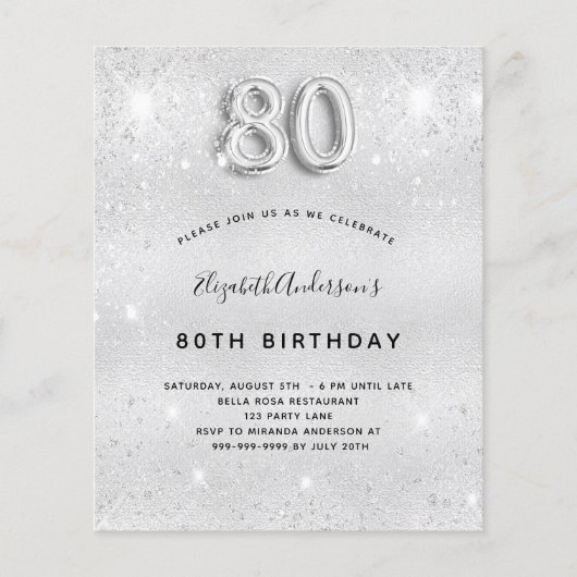Budget 80. Geburtstag Silber Glitzer Einladung (Vorderseite)