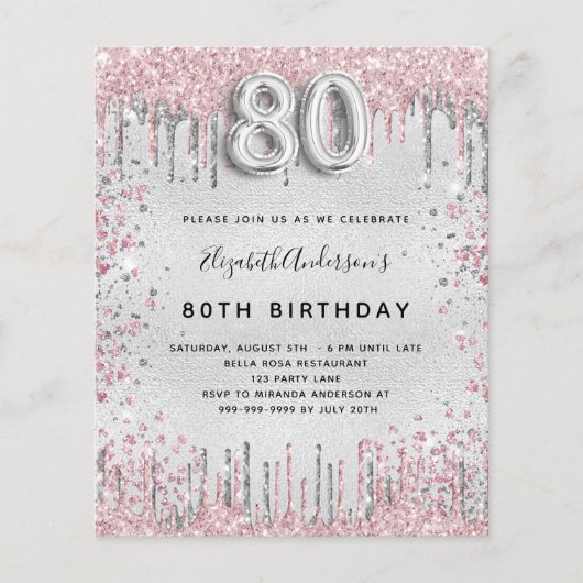 Budget 80. Geburtstag silber rosa Einladung (Vorderseite)