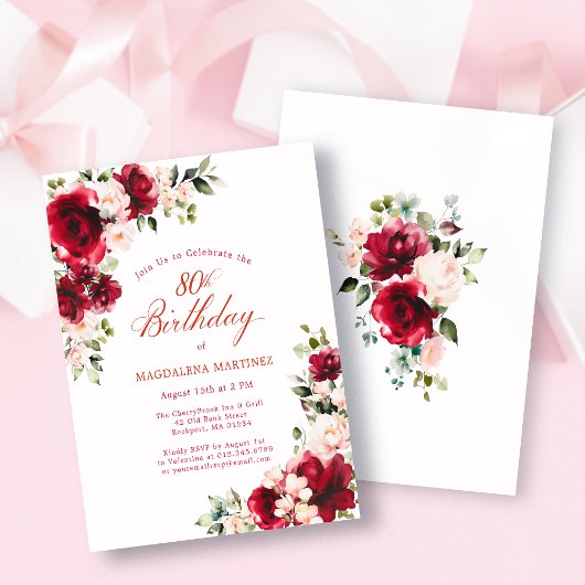 BUDGET 80th Birthday Red Pink Rose Invitation