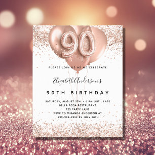Budget 90. Geburtstag Rose Goldballons Einladung