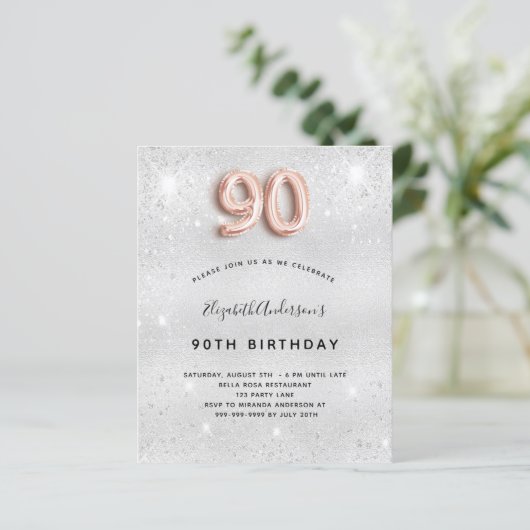 Budget 90. Geburtstag Silbergoldene Rose Einladung (Stehend Vorderseite)