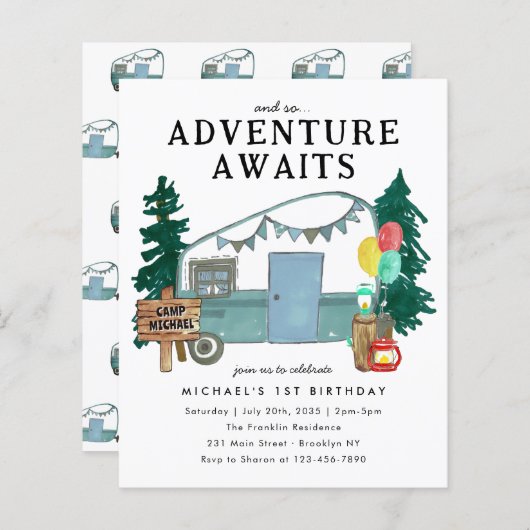 Budget Adventure erwartet Car Trees Camping Geburt (Vorne/Hinten)