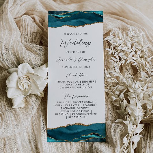 Budget Agate Aquamarin Blue Gold Hochzeitsprogramm Werbekarte