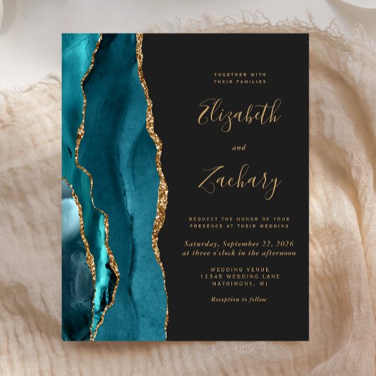 Budget Agate Aquamarin Gold Dark Wedding Einladung