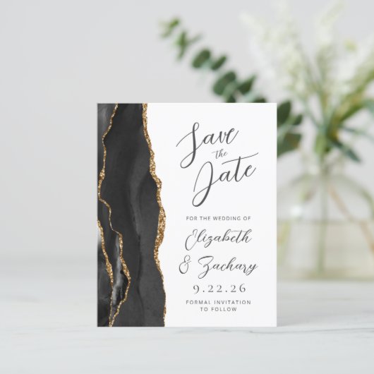 Budget Agate Black Gold Script Save the Date (Stehend Vorderseite)