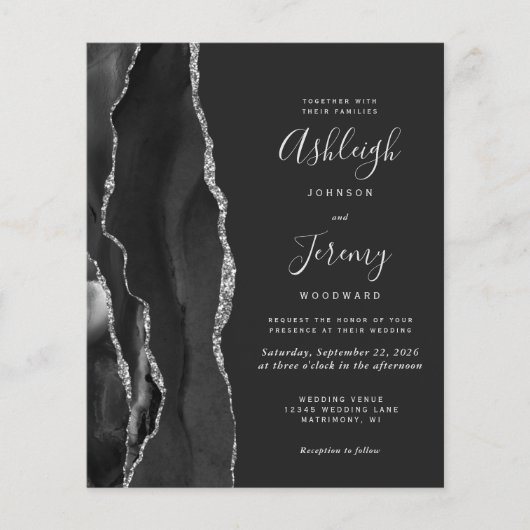 Budget Agate Black Silver Dark Wedding Einladung (Vorderseite)