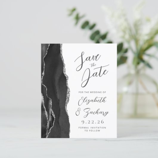 Budget Agate Black Silver Script Save the Date (Stehend Vorderseite)