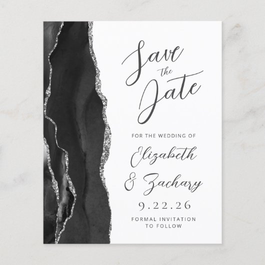 Budget Agate Black Silver Script Save the Date (Vorderseite)