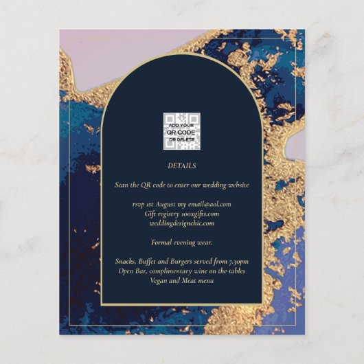 Budget Agate Blue Gold Wedding Einladung QR Code U (Rückseite)