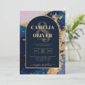 Budget Agate Blue Gold Wedding Einladung QR Code U (Stehend Vorderseite)