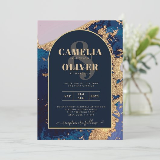Budget Agate Blue Gold Wedding Einladung QR Code U (Stehend Vorderseite)