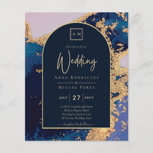 Budget Agate Blue Gold Wedding Einladung QR Code U (Vorderseite)