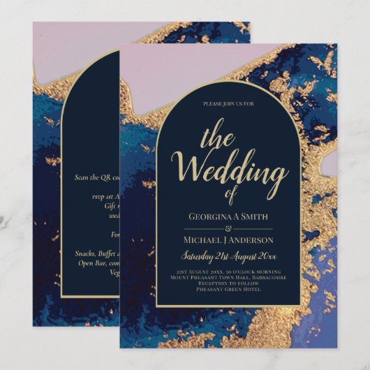 Budget Agate Blue Gold Wedding Einladung QR Code U (Vorne/Hinten)