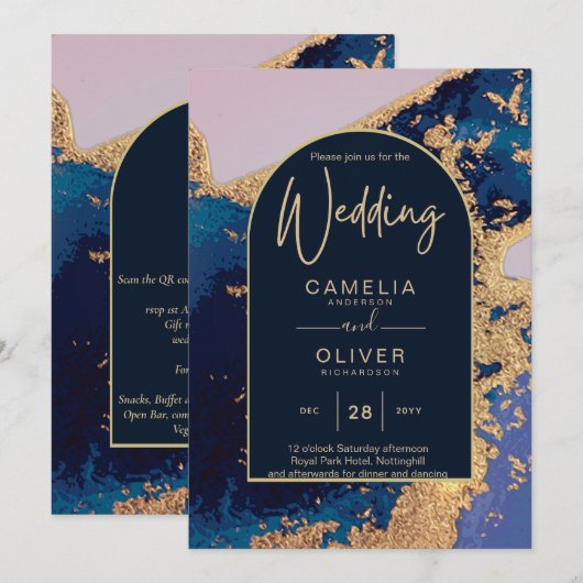 Budget Agate Blue Gold Wedding Einladung QR Code U (Vorne/Hinten)