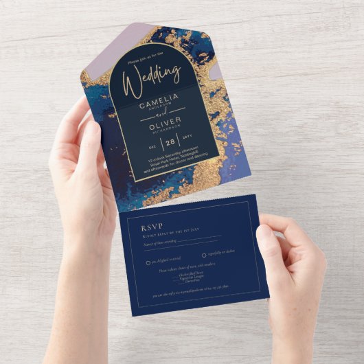 Budget Agate Blue Gold Wedding Einladung QR Code U (Abreißen)