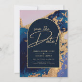 Budget Agate Blue Gold Wedding Save the Dates Einladung (Vorderseite)