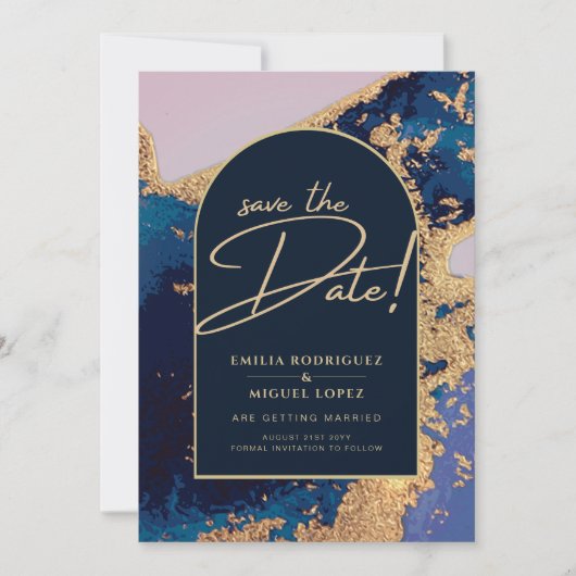 Budget Agate Blue Gold Wedding Save the Dates Einladung (Vorderseite)