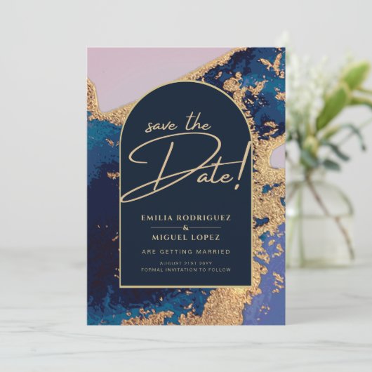 Budget Agate Blue Gold Wedding Save the Dates Einladung (Stehend Vorderseite)