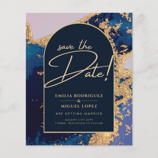 Budget Agate Blue Gold Wedding Save the Dates Flyer (Vorne)