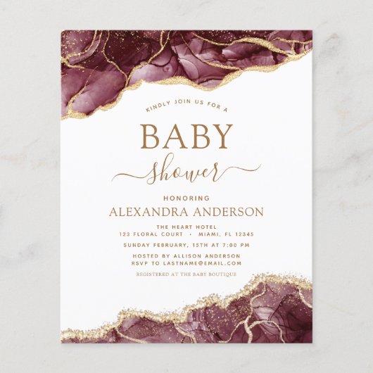 Budget Agate Burgundy Baby Shower Gold Einladung Flyer (Vorne)
